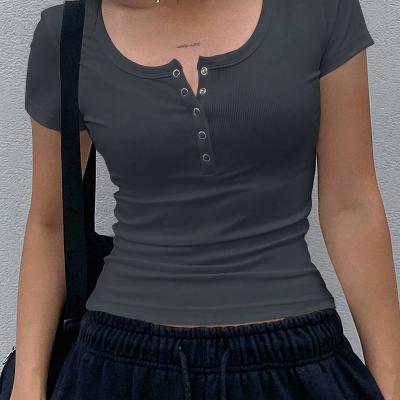 Women'S Slim-Fit Beige Short Sleeve Crop Top with Button Details - Summer Casual Solid Color T-Shirt, Stretchy Polyester Blend