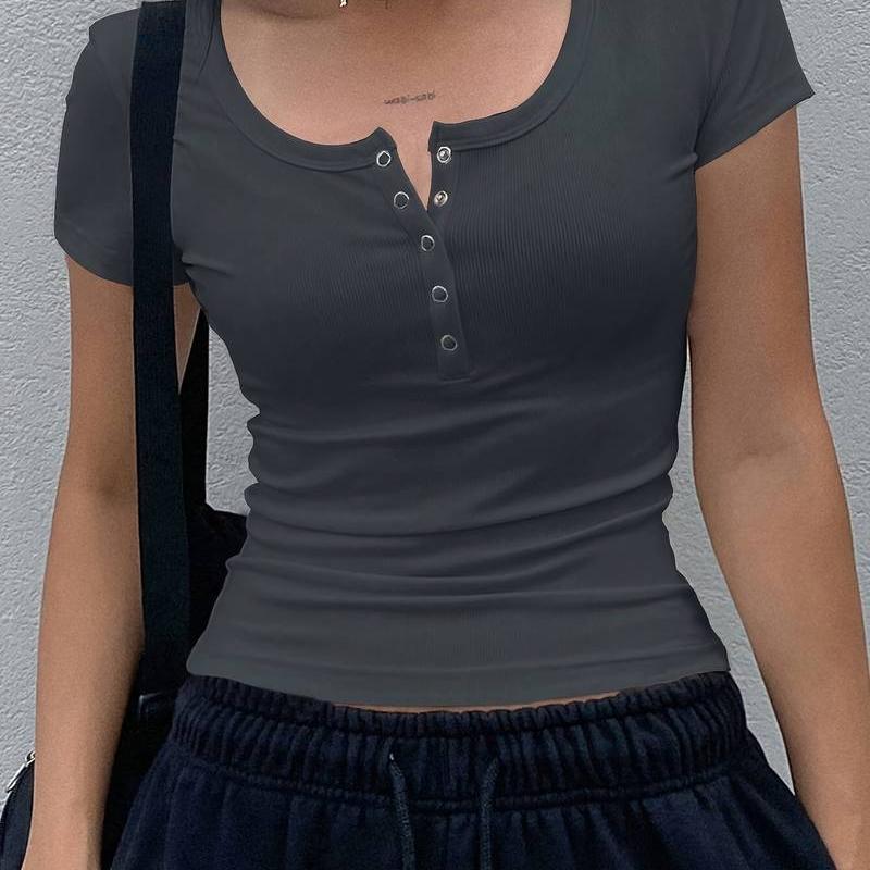 Women'S Slim-Fit Beige Short Sleeve Crop Top with Button Details - Summer Casual Solid Color T-Shirt, Stretchy Polyester Blend