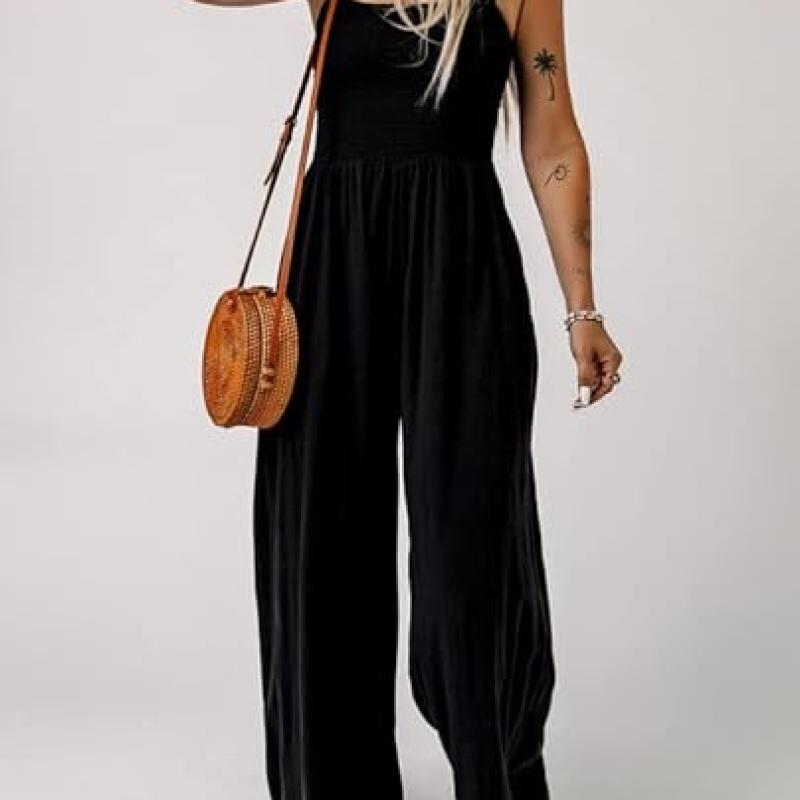 Women's Casual Loose Overalls Jumpsuits One Piece Sleeveless Wide Leg Long Pant Rompers With Pockets