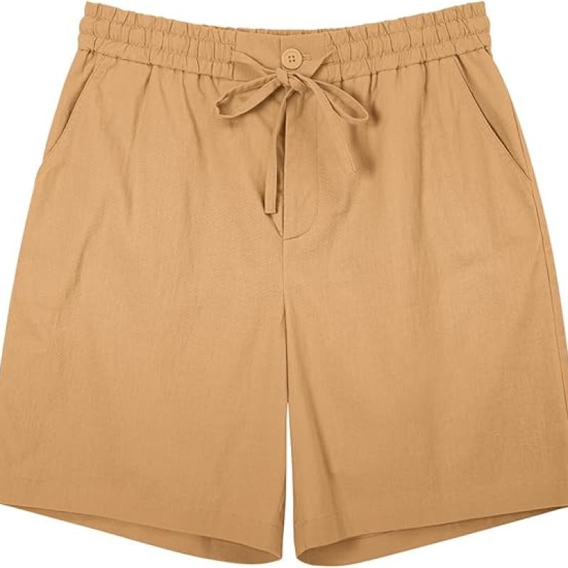 Mens Cotton Linen Shorts Casual Drawstring 7inch Inseam Shorts Stretch Summer Beach Wear