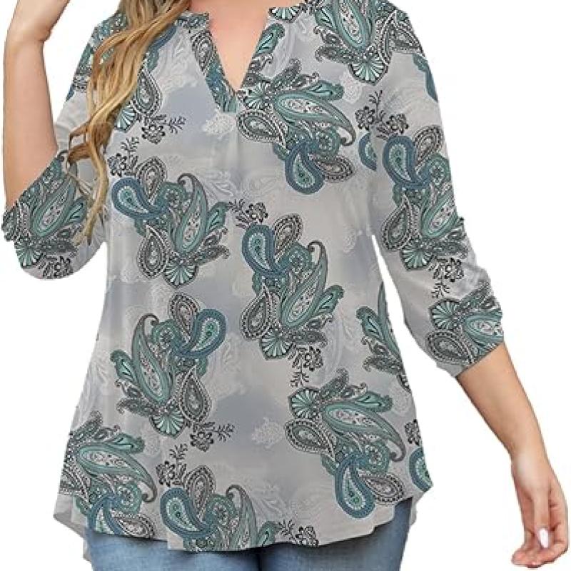 Womens Tops Dressy Casual 3/4 Sleeve Shirts Tunic Blouses Plus Size Tops for Women