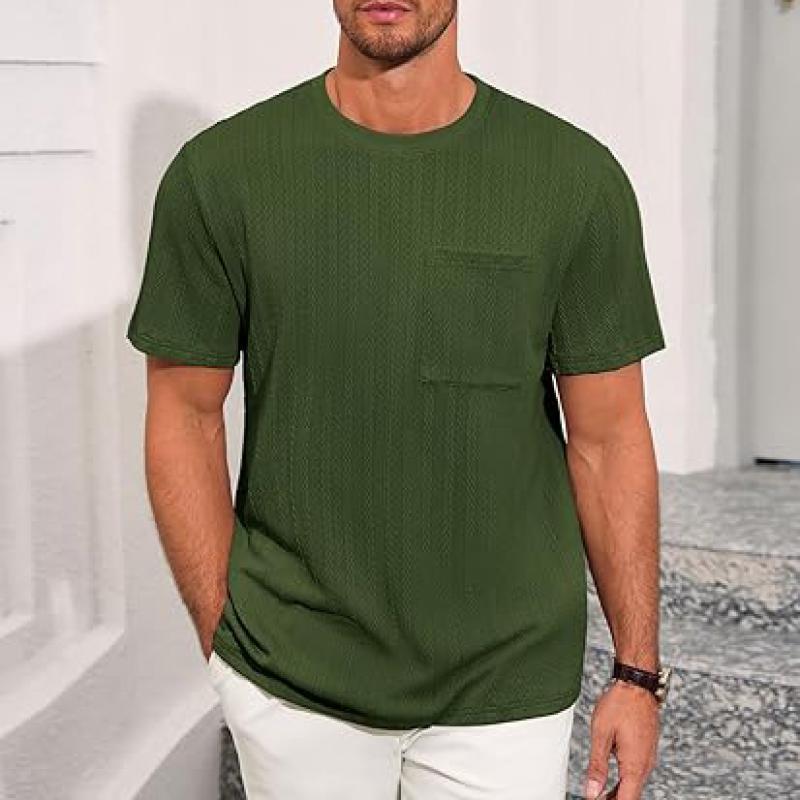 Mens Short Sleeve T-Shirts Casual Knit Texture Crewneck Pocket Tee Tops Loose Fit Summer Shirt