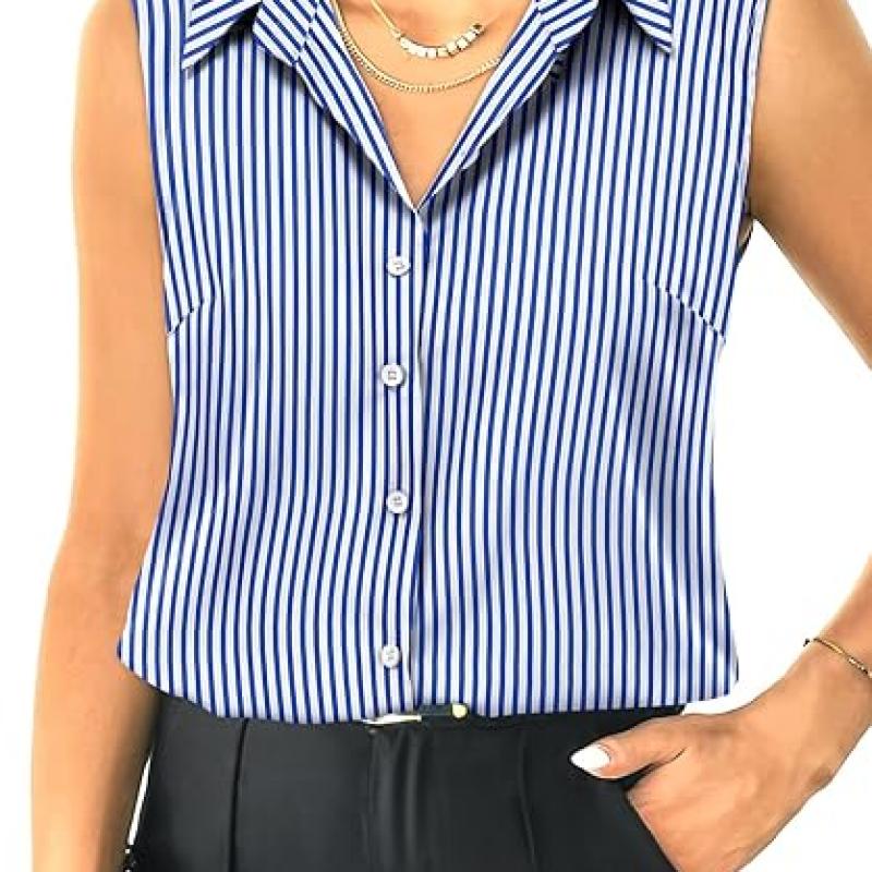 Womens Sleeveless Button Down Shirt Tops V Neck Business Casual Collared Blouses Tank Top