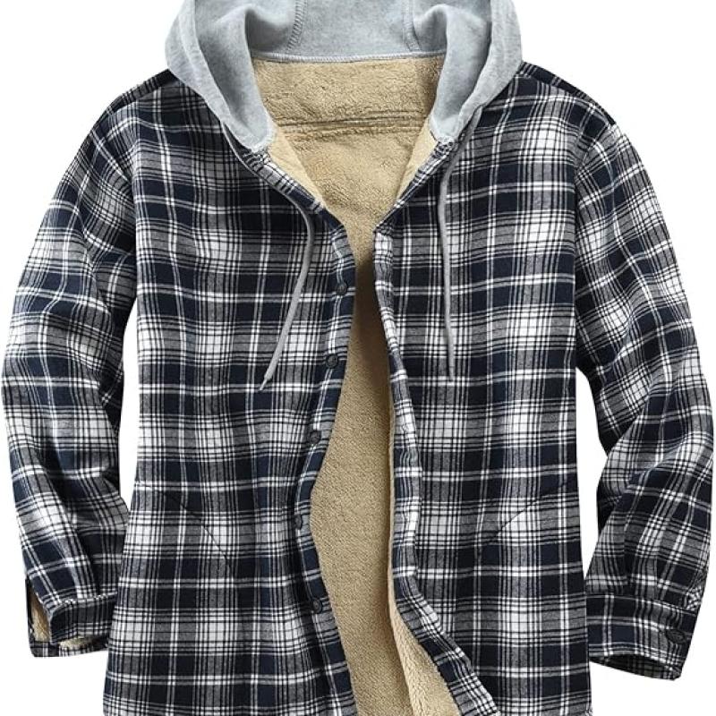 Men's Cotton Plaid Shirts Jacket Fleece Lined Flannel Shirts Sherpa Button Down Jackets with Hood for Men
