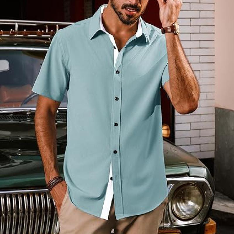 Mens Button Down Short Sleeve Shirts Casual Wrinkle-Free Dress Shirts Summer Beach