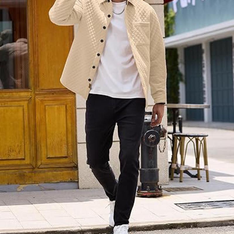 Mens Shacket Long Sleeve Shirt Jacket with Pockets Lightweight Quilted Overshirt
