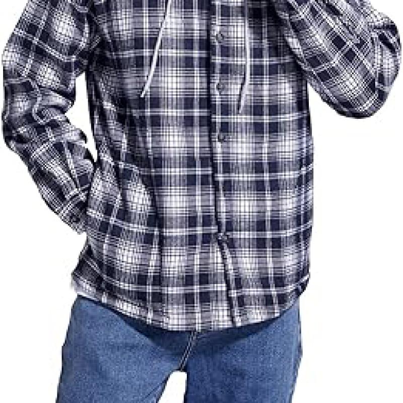 Men's Cotton Plaid Shirts Jacket Fleece Lined Flannel Shirts Sherpa Button Down Jackets with Hood for Men