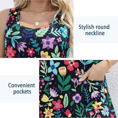 Women's Summer Dresses 2025 Casual Sleeveless Boho Beach Dress Scoop Neck T-Shirt Floral Sundress with Pocket