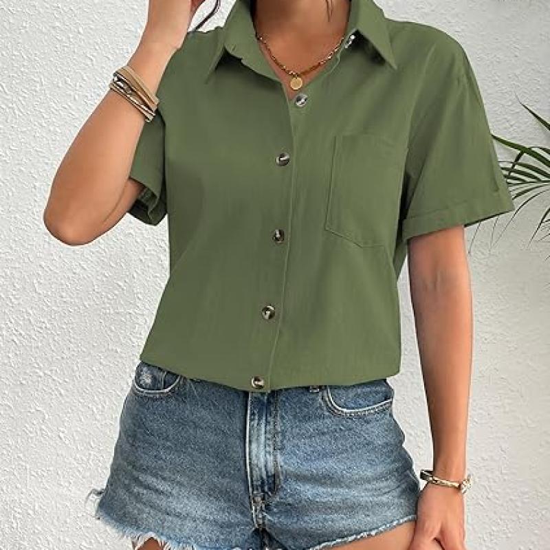 Womens Button Down Linen Shirt Short Sleeve Cotton Blouse Summer Casual Loose Fit Beach Tops