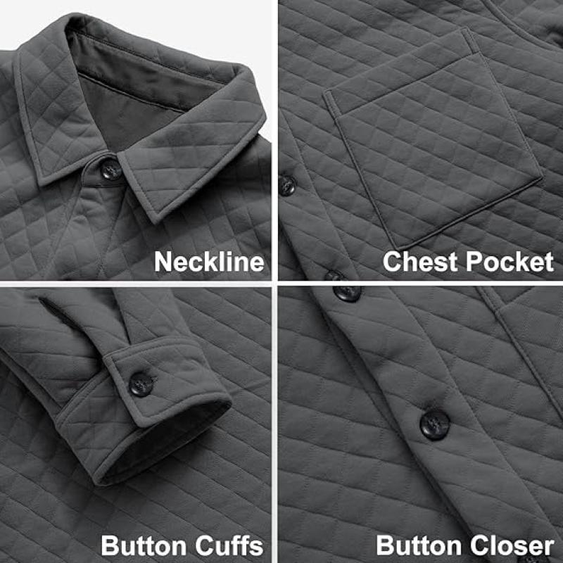 Mens Shacket Long Sleeve Shirt Jacket with Pockets Lightweight Quilted Overshirt