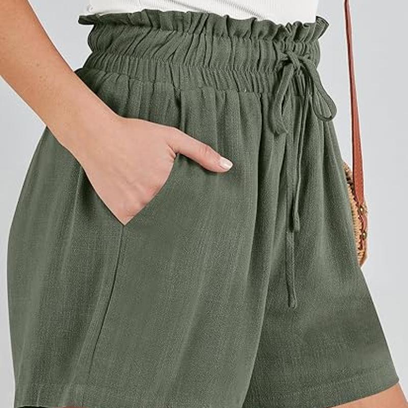 Linen Shorts for Women Casual High Waisted Wide Leg Drawstring Cute Summer Beach Shorts 2024 Fashion Vacation Outfit q