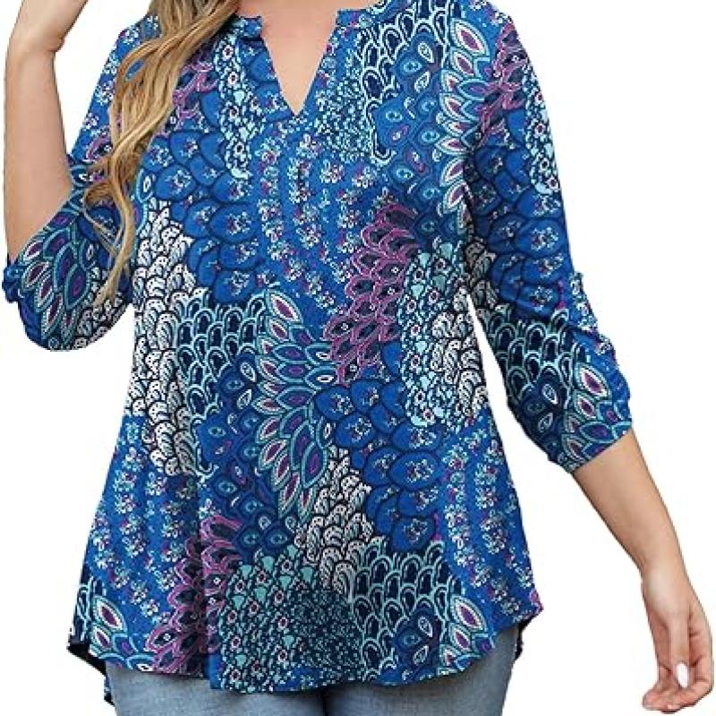 Womens Tops Dressy Casual 3/4 Sleeve Shirts Tunic Blouses Plus Size Tops for Women