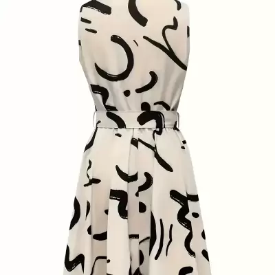 Women'S Sleeveless Geometric Print Midi Dress - Casual Belted Collar Dress with Texture, Lightweight Polyester for Spring Summer