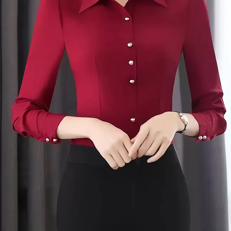 Women's Slim-Fit Long Sleeve Shirt - Elegant Square Neck Burgundy Top with Button Detail, Tummy Control & Machine