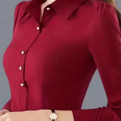 Women's Slim-Fit Long Sleeve Shirt - Elegant Square Neck Burgundy Top with Button Detail, Tummy Control & Machine