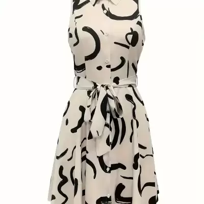 Women'S Sleeveless Geometric Print Midi Dress - Casual Belted Collar Dress with Texture, Lightweight Polyester for Spring Summer