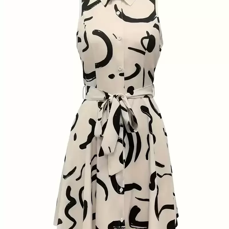 Women'S Sleeveless Geometric Print Midi Dress - Casual Belted Collar Dress with Texture, Lightweight Polyester for Spring Summer